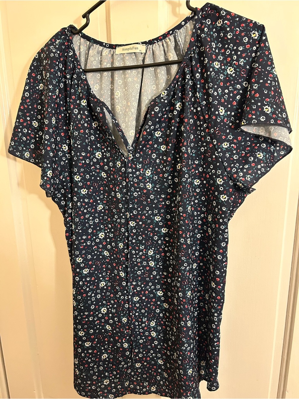 Navy Floral Flutter-Sleeve shirt